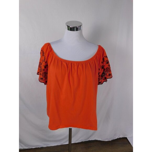H&M Blouse Womens Large Orange Black Embroidered Boho Peasant Top Off Shoulder - Picture 1 of 9